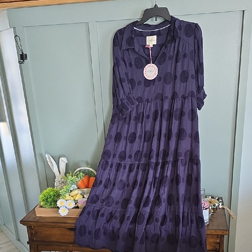 Umgee Navy Polka Dot Tiered Maxi Dress